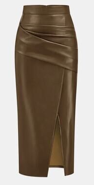 060 NWT Commense Ruched Slit PU Leather Midi Skirt | Light Brown | XS